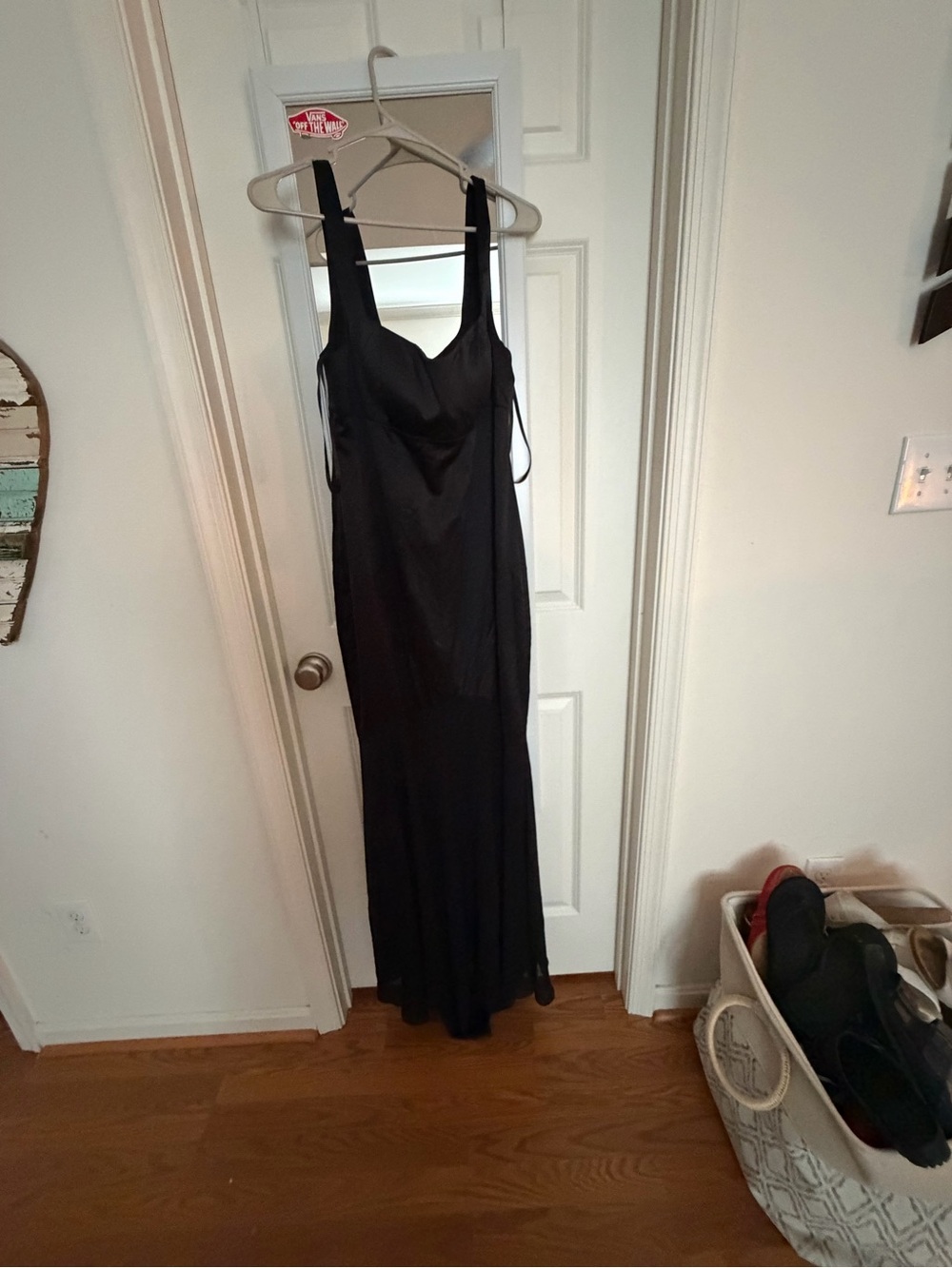 Classic Black Maxi Slip Dress with Adjustable Straps, sheer at the bottom